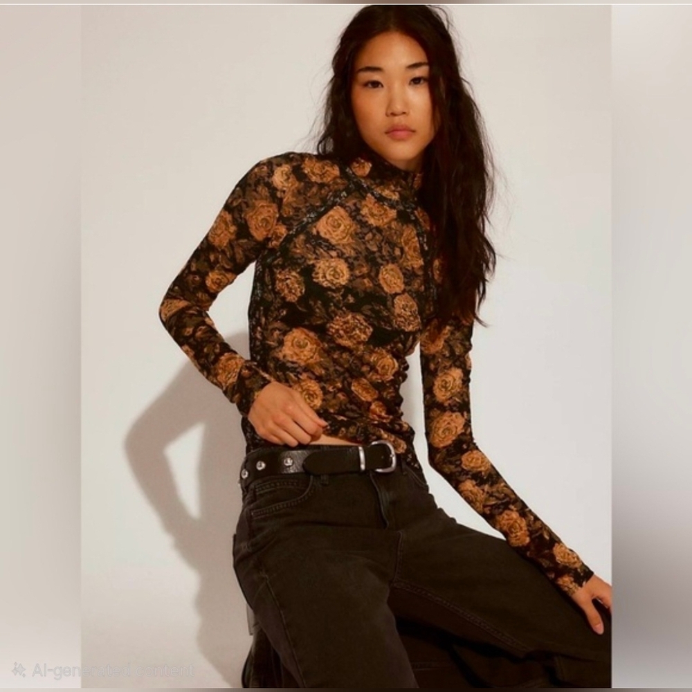 NWT Free People Lyric Sheer Lace Long Sleeve Turtleneck Top. Black combo